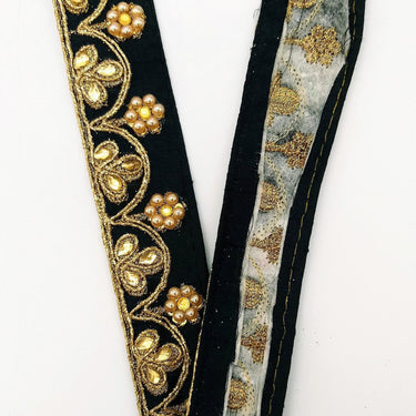 Black Silk Fabric Lace Trim Floral Embroidery & Indian Stones Kundan Embellishment, Decorative Sari Trim, Floral Border Trim By Yard